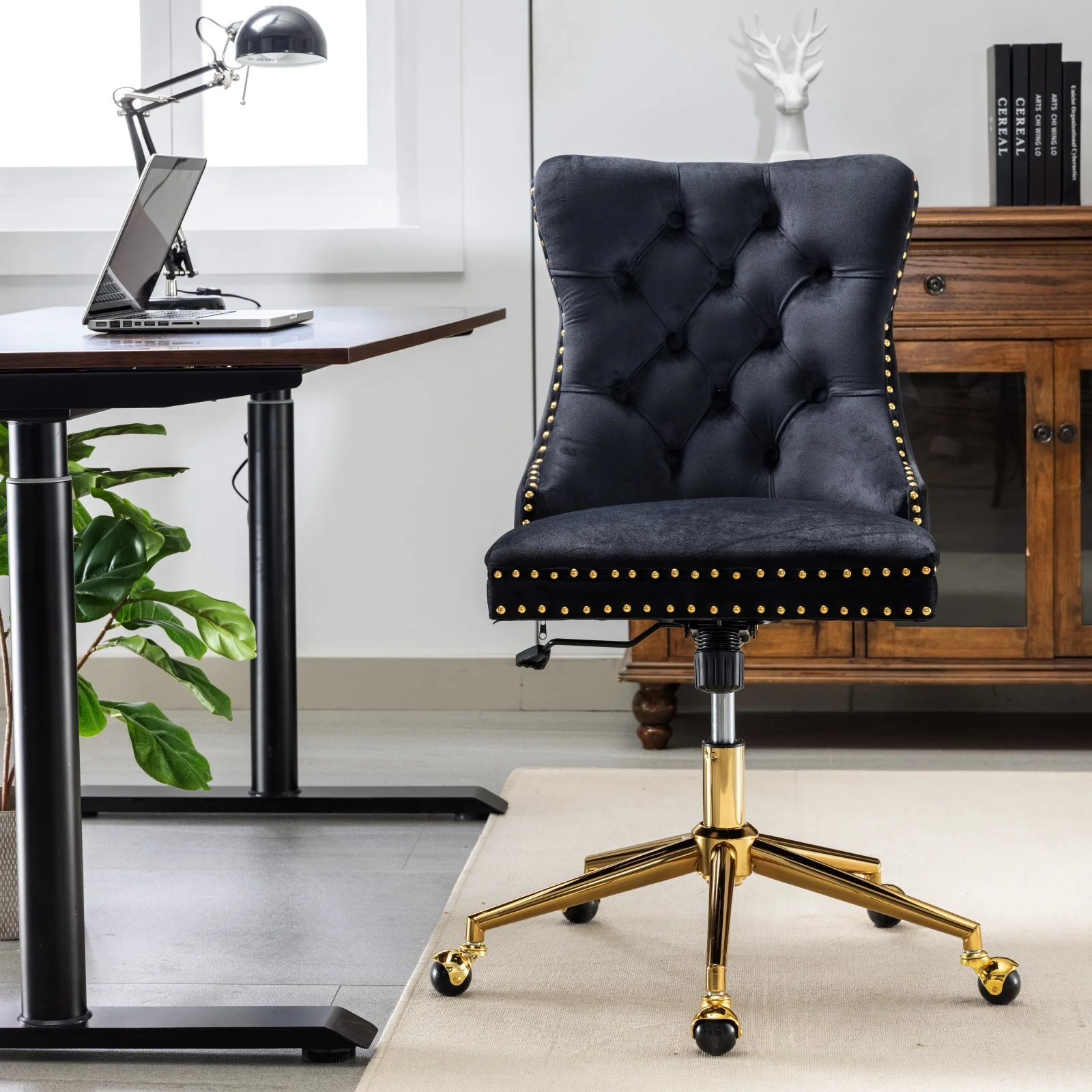 Black Velvet Office Chair with Golden Metal Base | Luxurious Comfort & Style