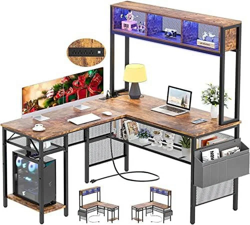 L Shaped Computer Desk with LED Strip and Power Outlets  Reversible L-Shaped Corner Desk with  Shelves and Bag  Industrial  Office Desk Gaming Table with USB Port  Pink
