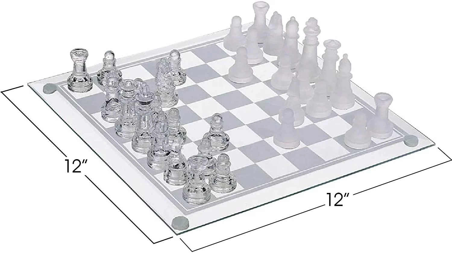 Gamie 12 inch Glass Chess Set, Elegant Design, 32 Frosted Clear Pieces