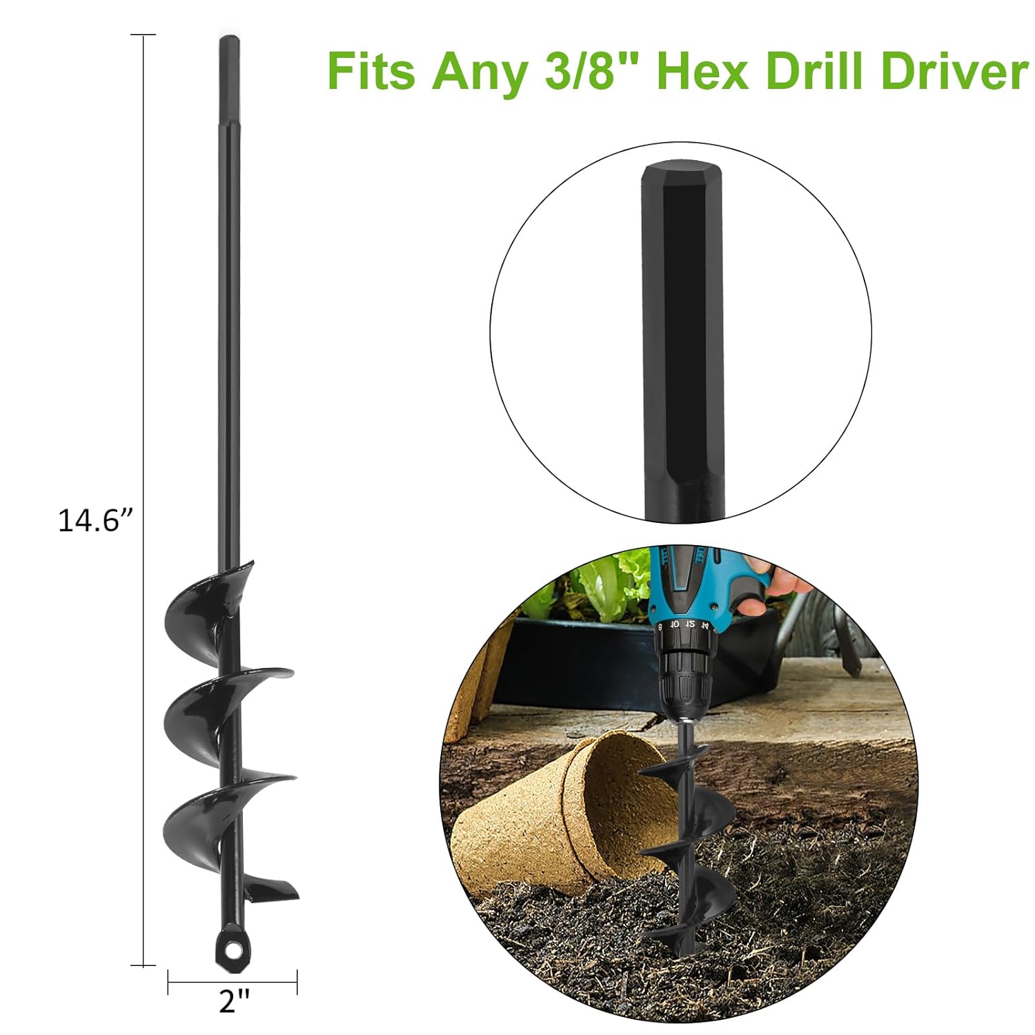 Auger Drill Bit for Planting 2 x 14.6 Inch, Garden Auger Spiral Drill Bit for 3/8