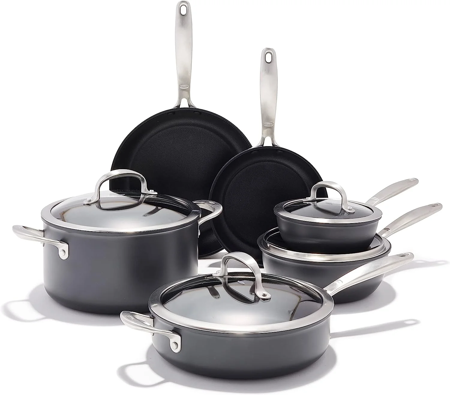 Excellent Good Grips Pro 10 Piece Cookware Pots and Pans Set  3-Layered German Engineered Nonstick Coating  Stainless Steel Handle  Dishwasher Safe  Oven Safe  Black