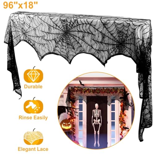 2 Halloween Fireplace Scarves, Black lace with Spider Web, Spider and bat Patterns, Soft Wrinkle Resistant Fabric, Perfect for Fireplace Decoration, Haunted House Decoration and Party Decoration