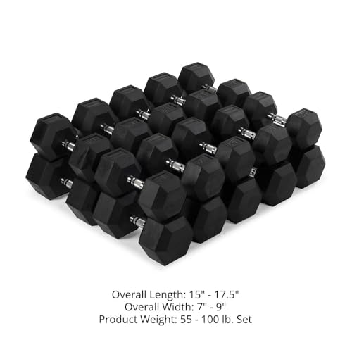 Titan Fitness 55-100 LB Pair Free Weights, Black Rubber Coated Hex Dumbbell, Ergonomic Chrome Handle, Strength Training, Full Body Workout