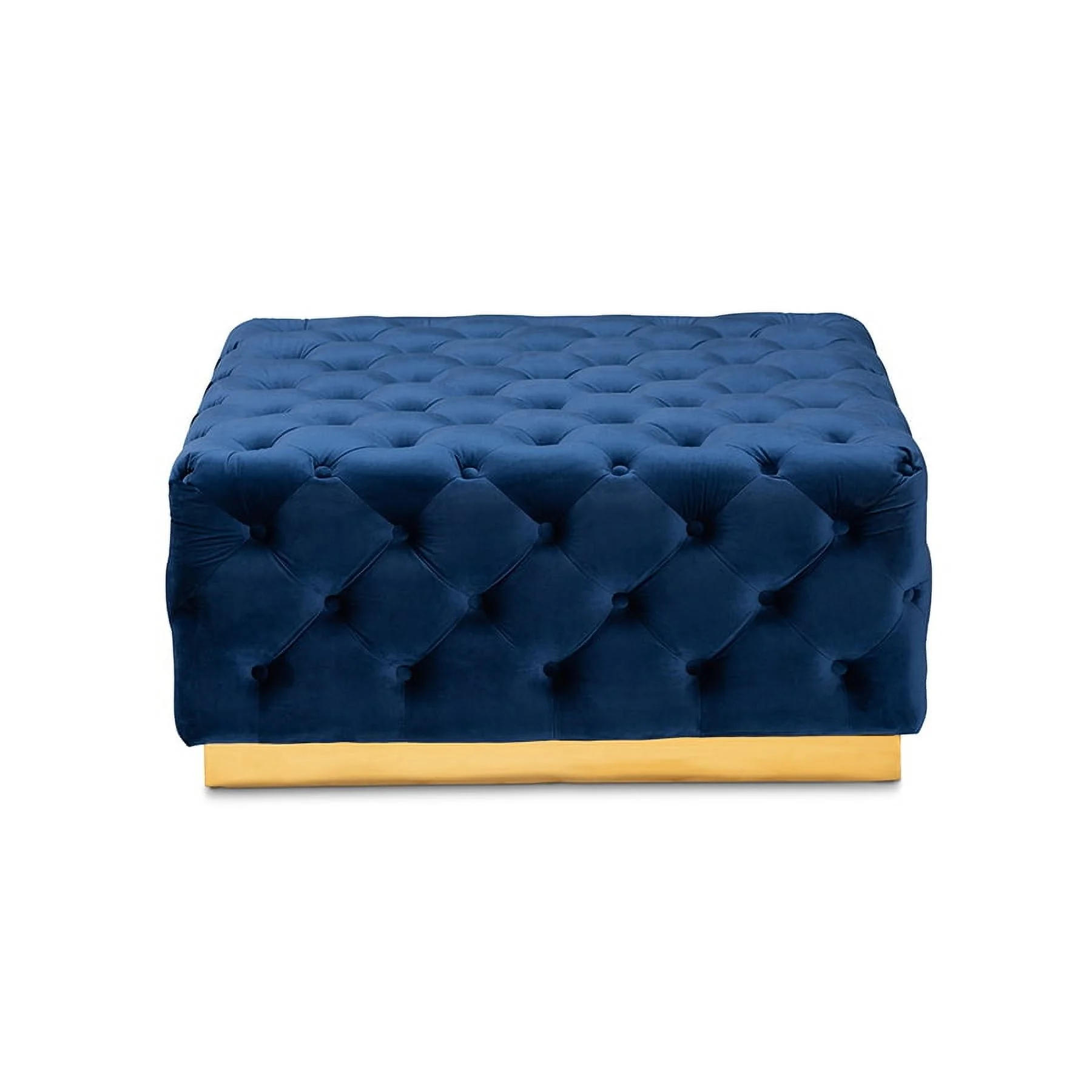 Verene Glam and Luxe Royal Blue Velvet Fabric Upholstered Gold Finished Square Cocktail Ottoman