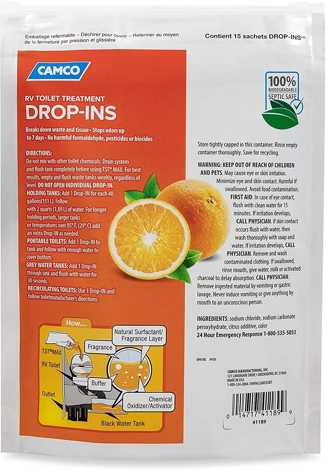 Camco TST Ultra-Concentrated Orange Citrus Scent RV Toilet Treatment Drop-Ins, Formaldehyde Free, Breaks Down Waste And Tissue, Septic Tank Safe, 15-Pack (41189)