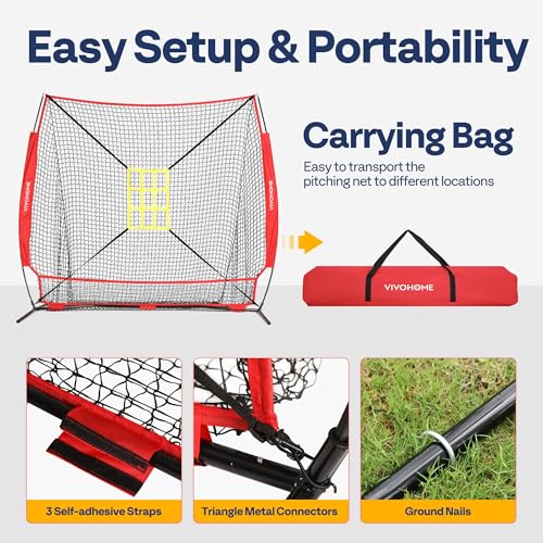 VIVOHOME Baseball Softball Hitting Net with Large Ball Collection System, 7 x 7 ft Baseball Batting Pitching Net with Tee, 2 Strike Zone, Carry Bag