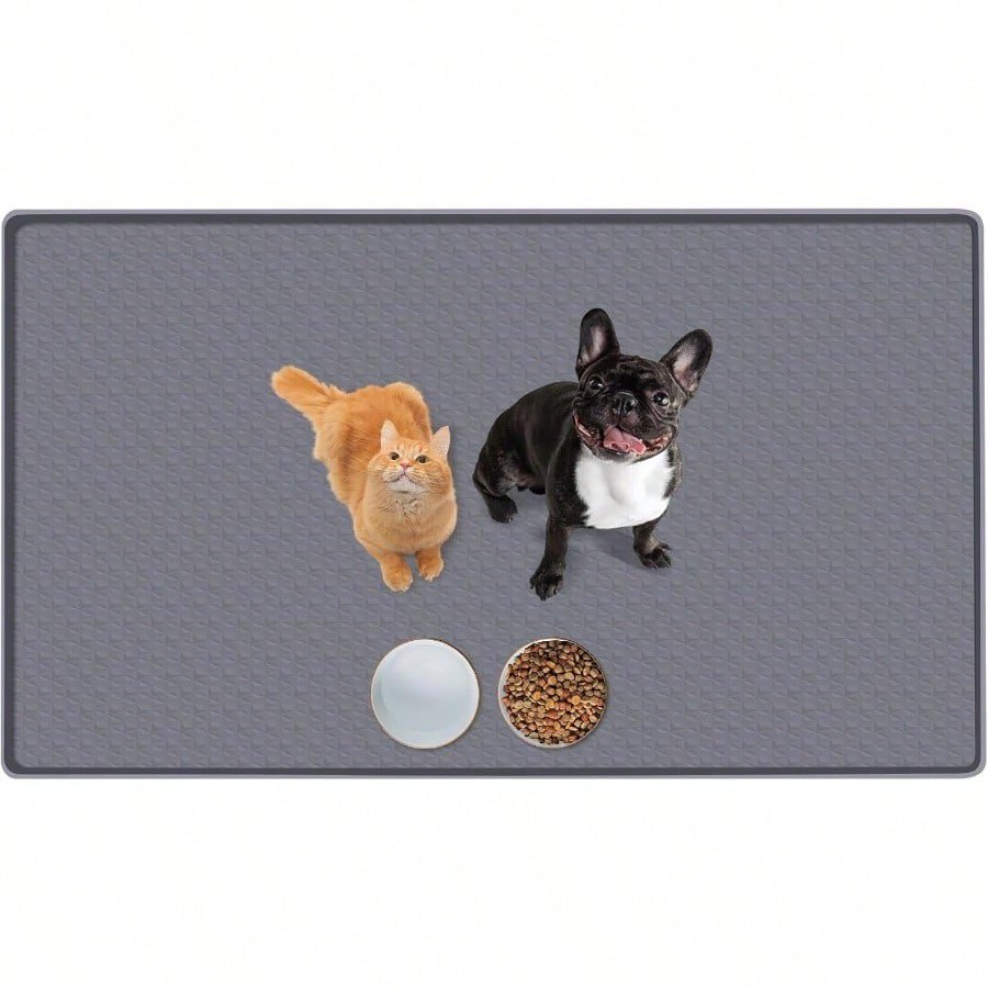 Cat Food Mat 51.2 X 25.6 Extra Large Silicone Pet Feeding Mat With Raised Edge Pet Placemat For Food And Water Bowl NonSlip Easy To Clean Floor Protection Dark Grey
