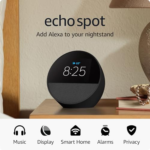 Amazon Echo Spot (newest model), Great for nightstands, offices and kitchens, Smart alarm clock with Alexa, Glacier White