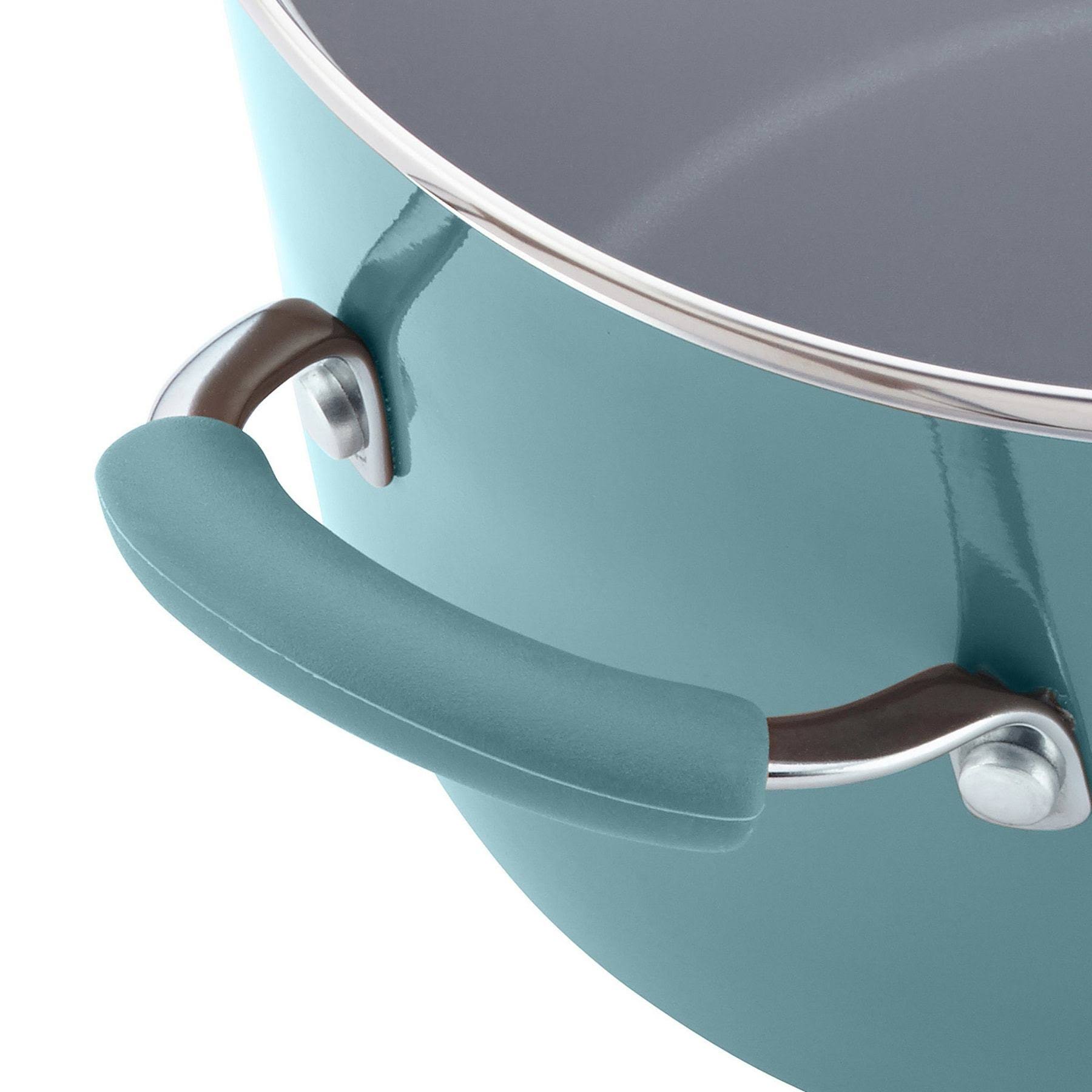 Rachael Ray Cucina Hard Enamel Nonstick 8-Quart Covered Oval Pasta Pot with Pour Spout, Agave Blue
