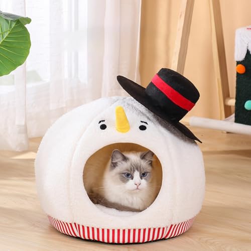 Cute Snowman-Shaped Enclosed Cat Bed Cave - Warm and Cozy Winter Cat Hideaway for Indoor Cats, Funny Christmas Themed Pet House with Washable Mat, All-Season Comfort for Kittens and Small Dogs