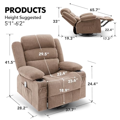 Rocker Recliner Chair with Heat and Massage, 360° Swivel Recliner Chairs for Adults, Oversized Recliner Single Sofa Seat with Cup Holders, Lazy Boy Recliner Single Sofa Seat, Black