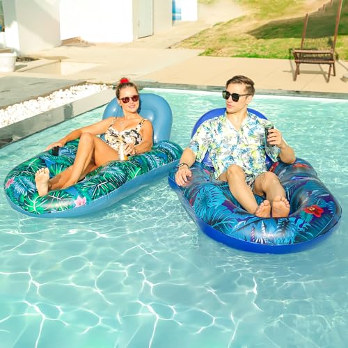 FindUWill Pool Floats Chairs Adult - 2 Pack 65'' x 42'' Large Pool Float Chairs, Inflatable Pool Lounger with Cup Phone Holder, Backrest, Footrest, Tanning Pool Lounge