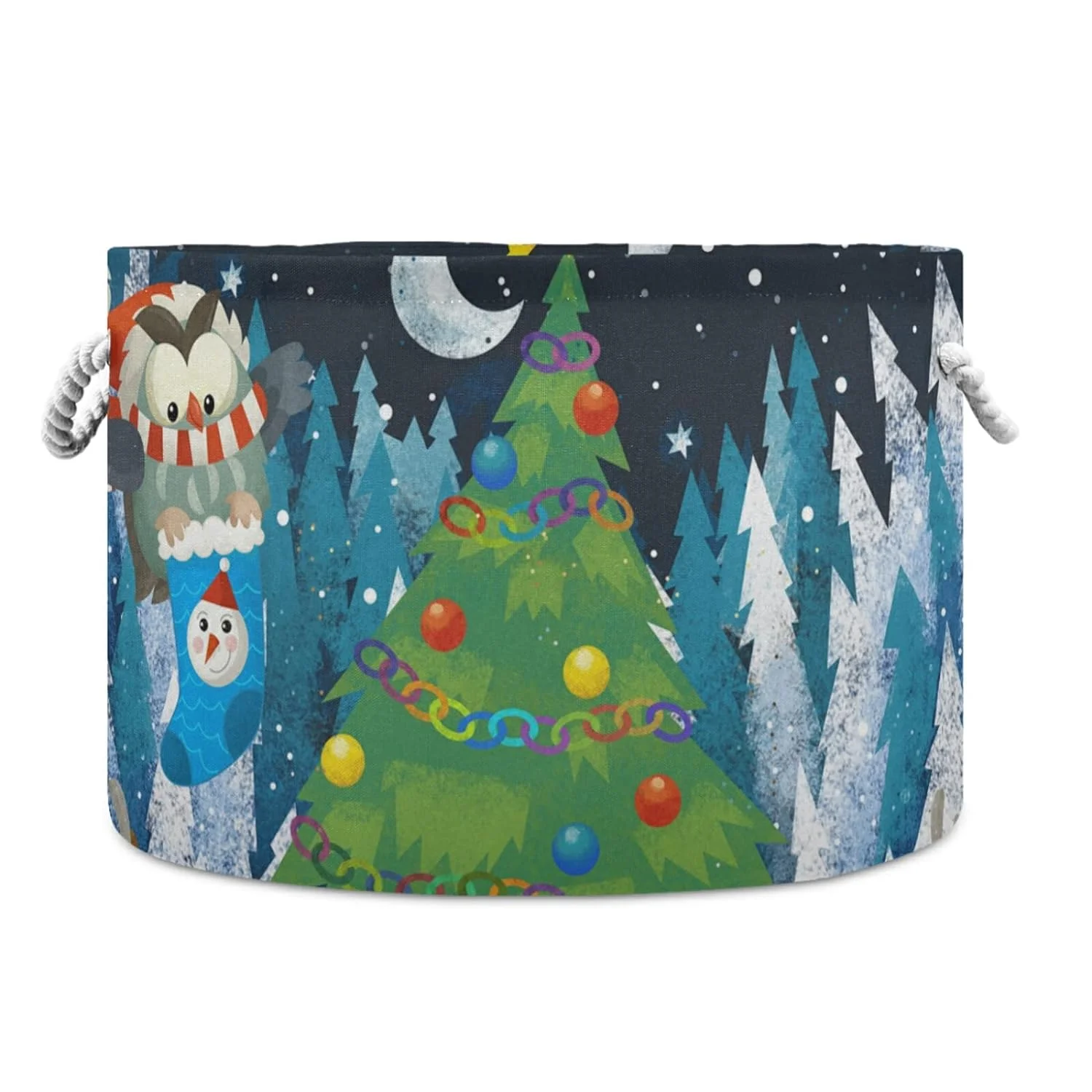 Wellsay Winter Scene with Forest Animals Reindeers and Santa Claus Owl Near Christmas Tree Storage Basket Gift Baskets Large Collapsible Laundry Hamper with Handle, 20x20x14 in