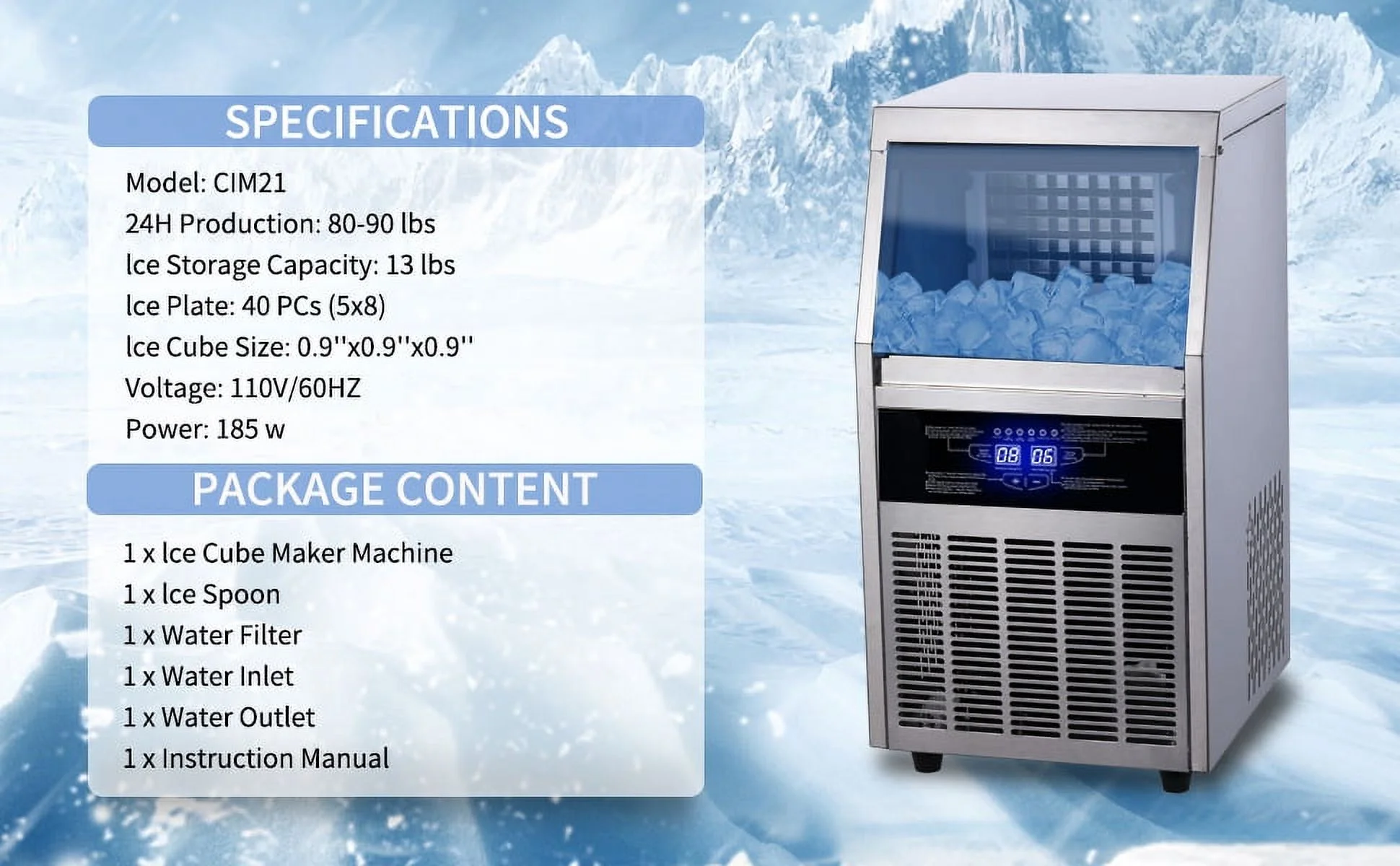 Zomagas Commercial Ice Maker 90lb Stainless Steel Bar Restaurant Built-in Cube Machine