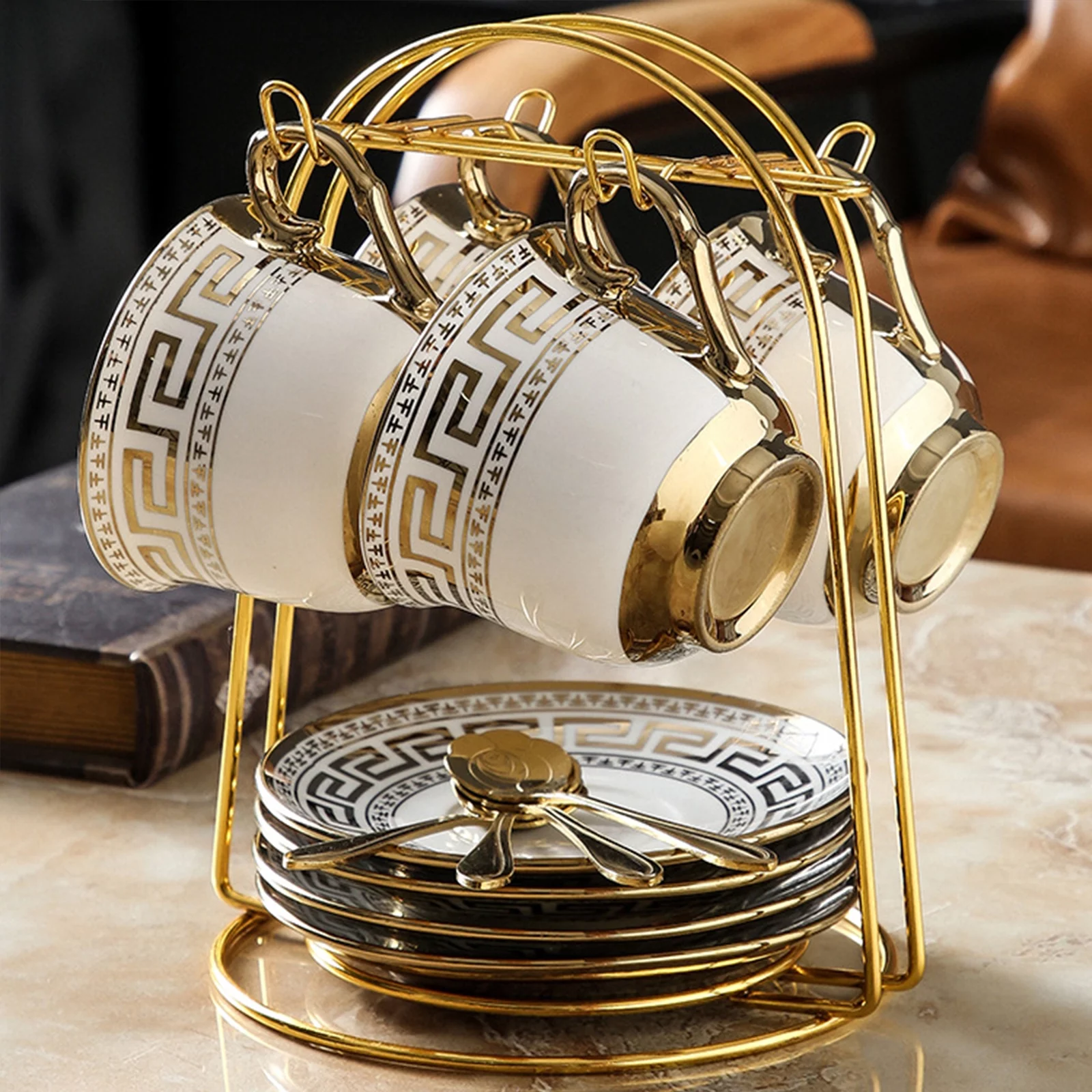 ANJORALA 13 Pcs Coffee Cup Set Europe Tea Cup Set with Golden Trim, Coffee Cups with Metal, White