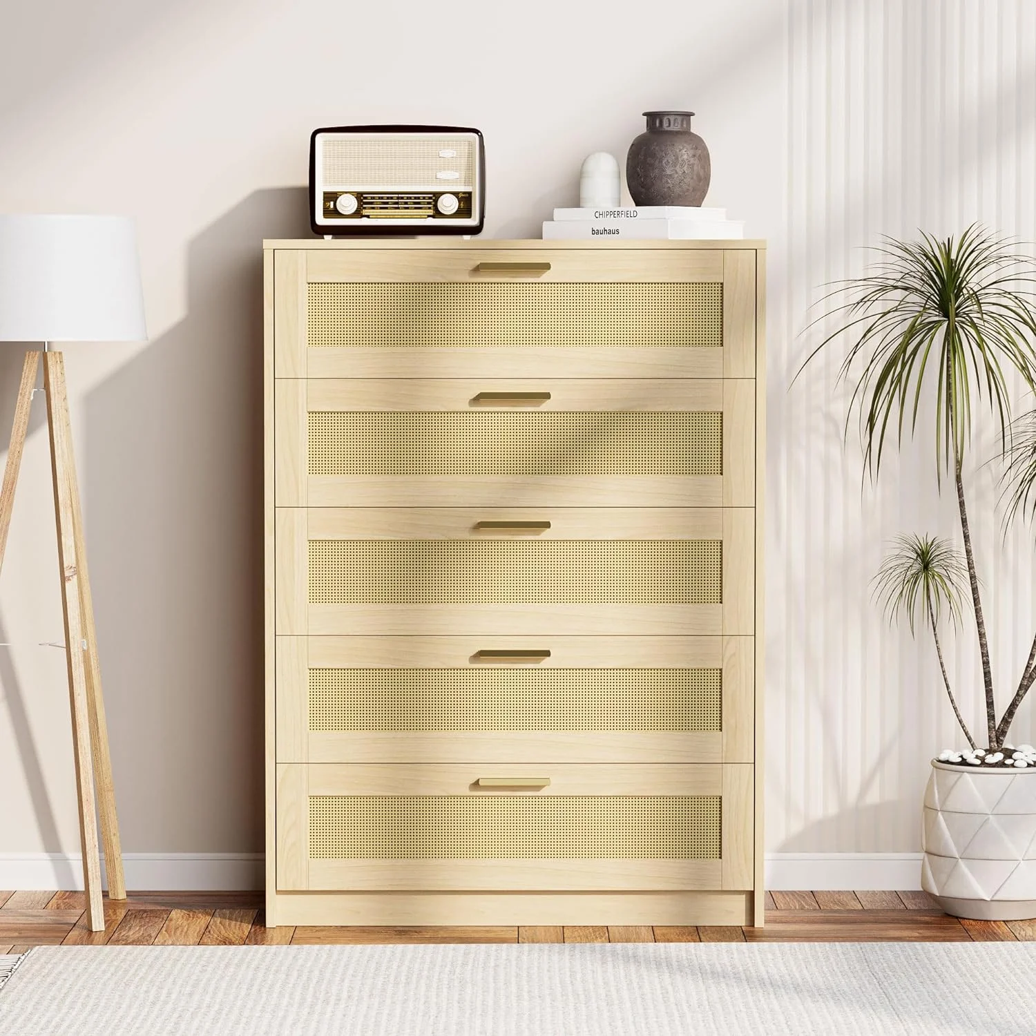 Cozy Castle Rattan 5 Drawer Dresser for Bedroom, Modern Boho Dresser for Bedroom, Wooden Chest of Drawers with Metal Handles, Oak