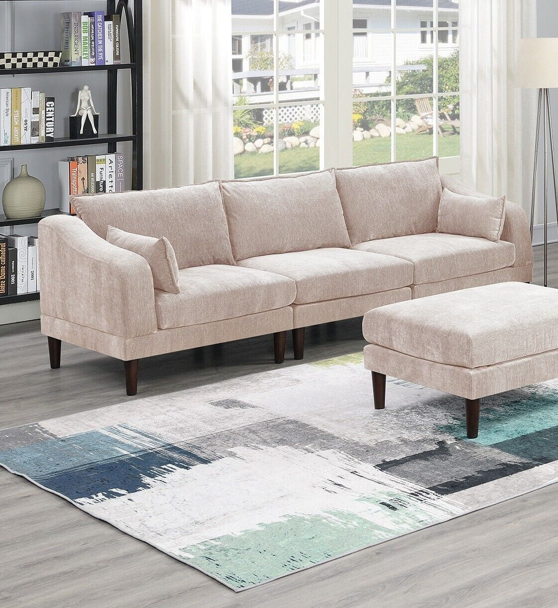 Living Room Classic 7pc Modular Sofa set 4x Corner Wedge 2x Armless Chair 2x Ottoman Blush Morgan Fabric Cushion Couch