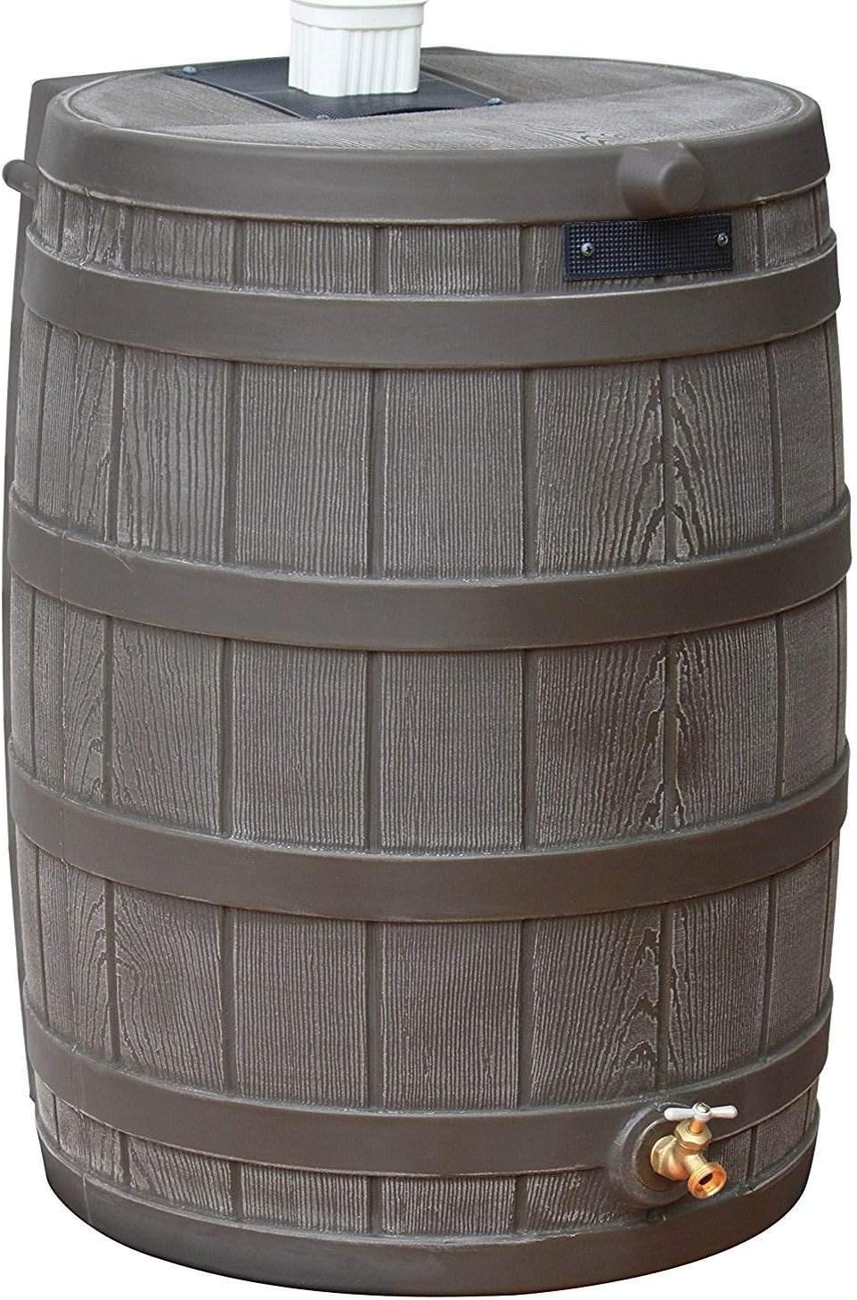 Good Ideas Rain Wizard 50 Gallon Plastic Outdoor Home Rain Barrel Water Storage Collector with Brass Spigot and Flat Back Design, Oak (5 Pack)