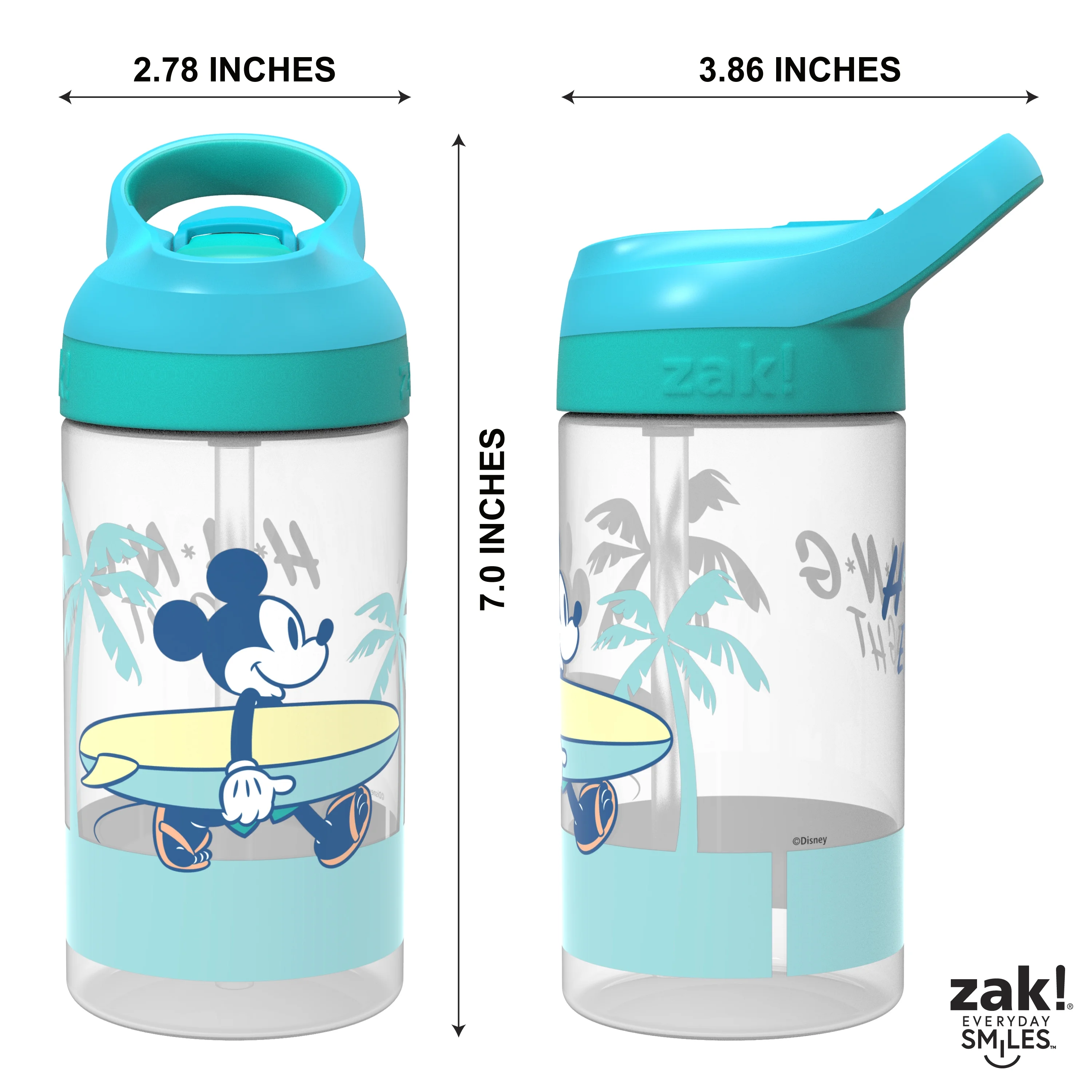 Zak Designs 2pc 16 oz Disney Kids Water Bottle Plastic with Flip Straw Spout Cover and Carry Handle, Disney Mickey Mouse Street Beach
