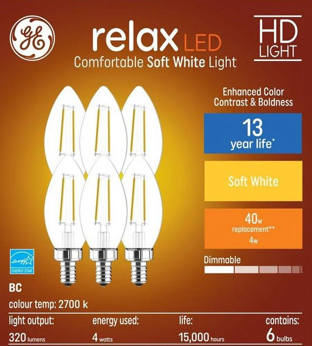 (6 bulbs) GE relax LED HD Decorative Chandelier BC Light bulb, 40 watt equivalent, Clear, Blunt tip, Candelabra base, 2700K comfortable gold soft white light, 4 watt LED Light bulb, dimmable