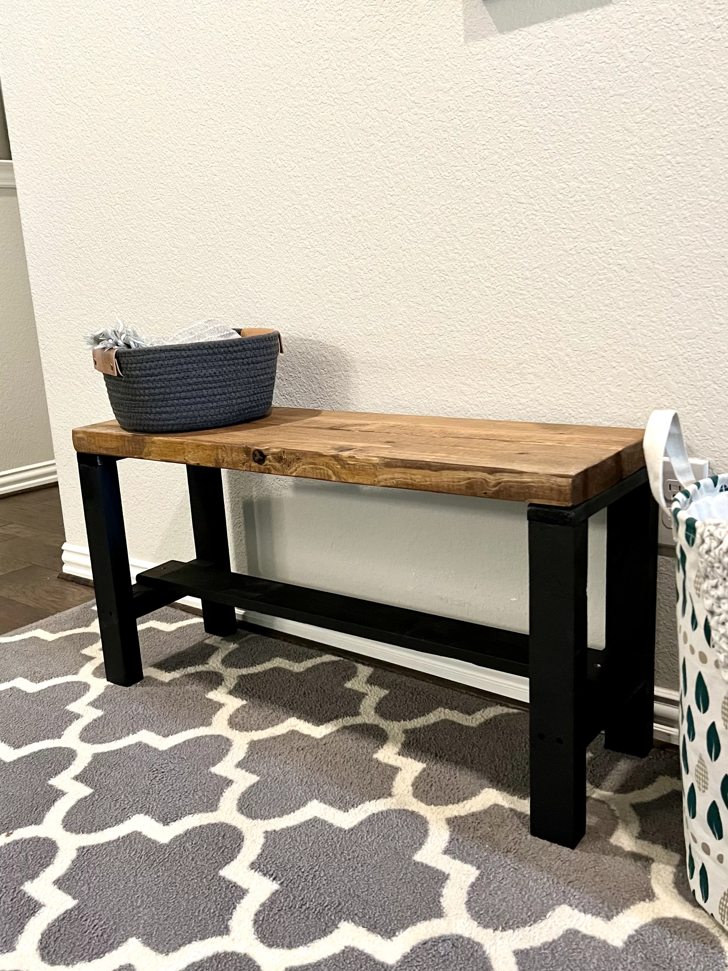 Rustic Bella Two Tone Real Solid Pine Wood Farmhouse Entryway Accent Bench, Black and Light Brown
