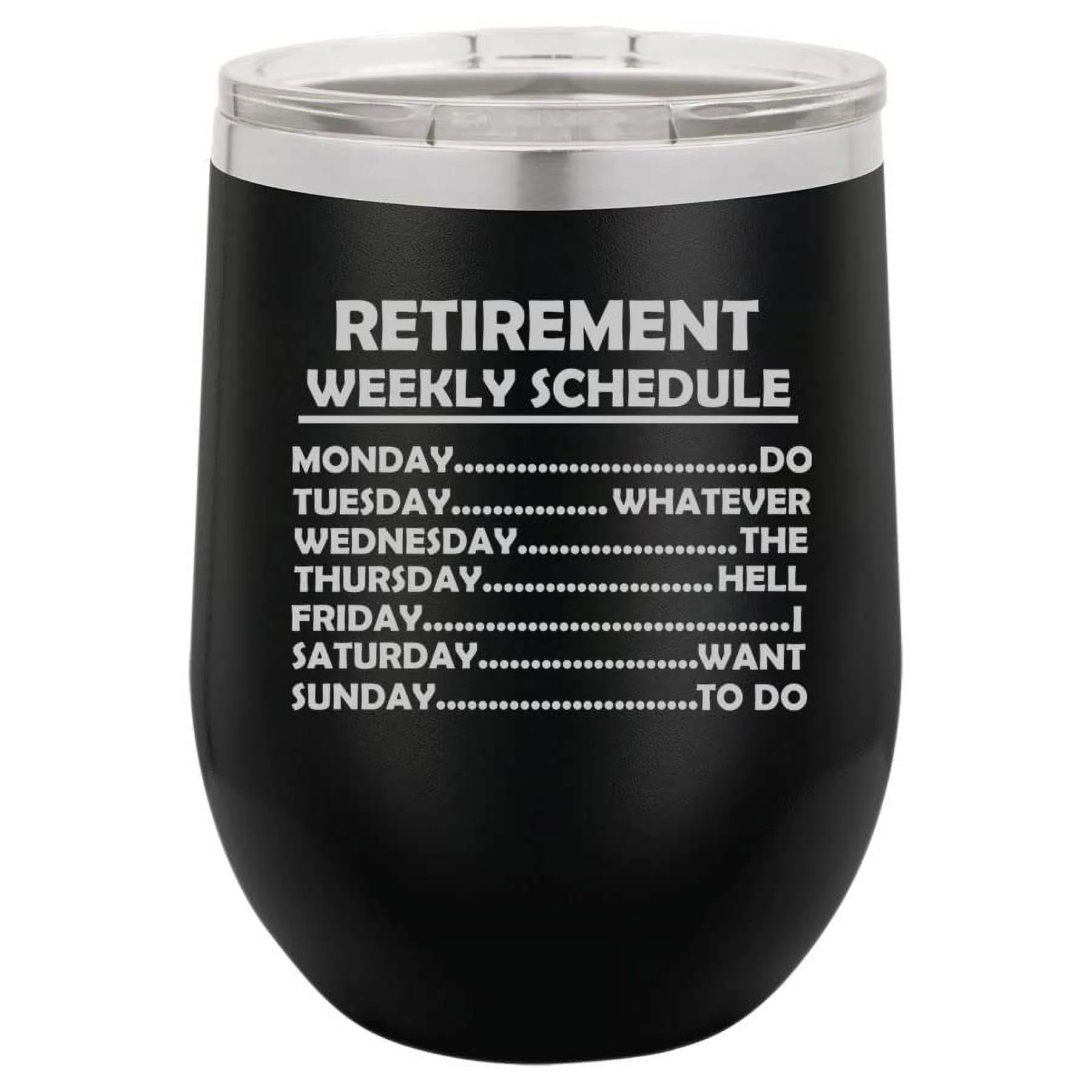 12 oz Double Wall Vacuum Insulated Stainless Steel Stemless Wine Tumbler Glass Coffee Travel Mug With Retired Schedule Funny Retirement Gift (Black)