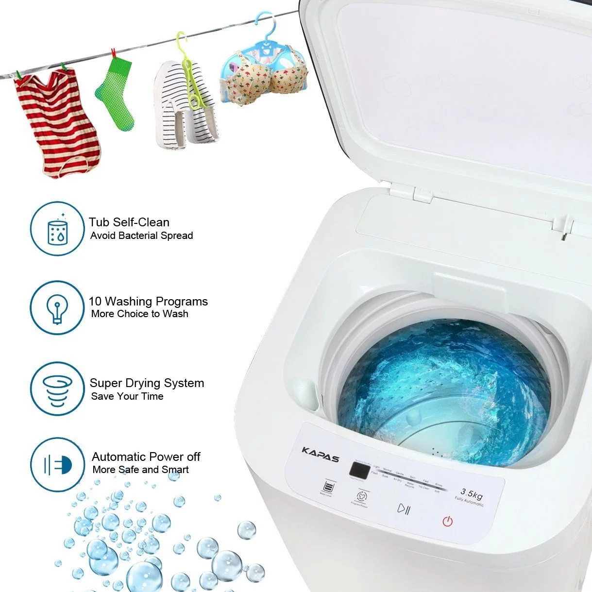 Compact Washing Machine, KAPAS Fully Automatic 2-in-1 Washer & Spin Dry Machine with 8 lbs Capacity Top Load Tub Washer