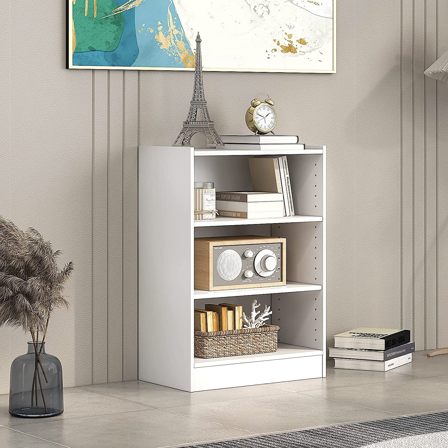 3-Tier Open Bookcase, Freestanding Modern 3-Cube Bookshelf with 18-Position Adjustable Shelves & Anti-toppling Devices, Multipurpose Cubical Display Storage Organizer for Living Room Study