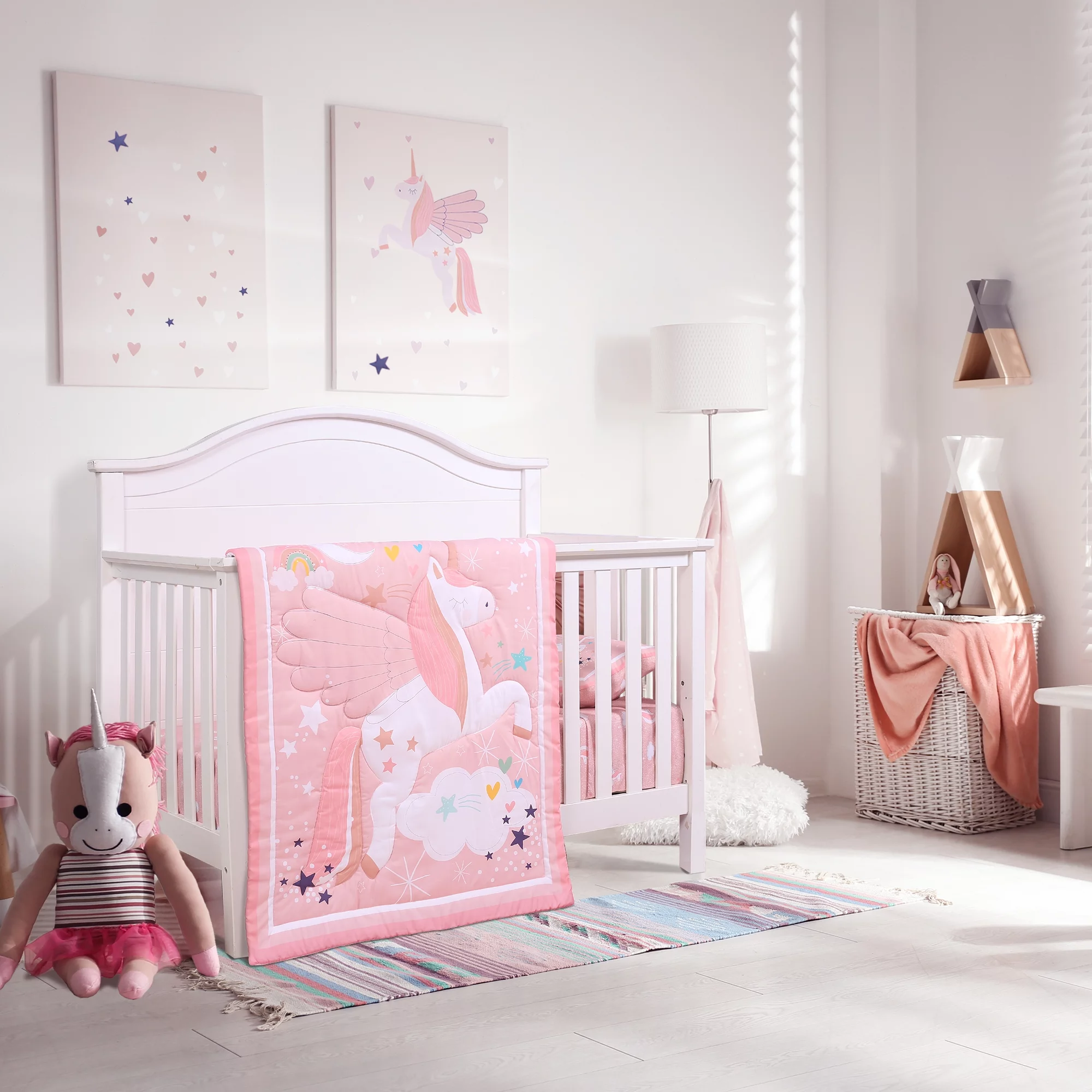 JISEN 3-Piece Pink Unicorn Crib Bedding Set -Microfiber Quilt, Sheet, and Pillowcase for Baby Girls