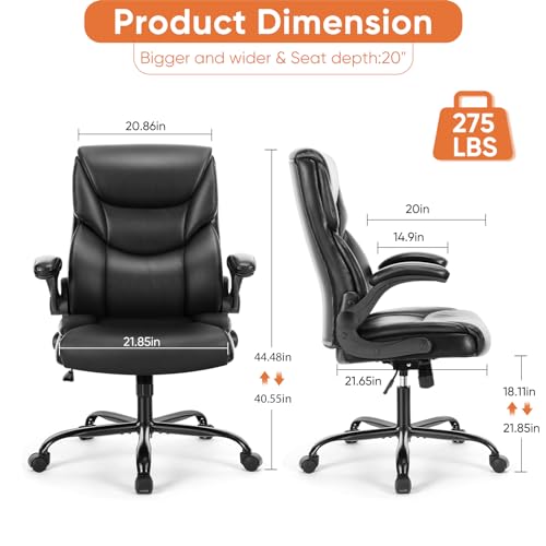 Sweetcrispy Ergonomic Computer Gaming Office Chair, Heavy Duty Task Desk Swivel Rolling Chairs with Wheels, Flip-up Arms, Adjustable Height, PU Leather, Black