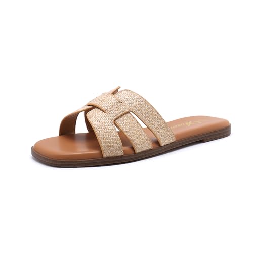 Athlefit Women's Flat Sandals Dressy Summer Square Open Toe Slip On Leather Slide Sandals