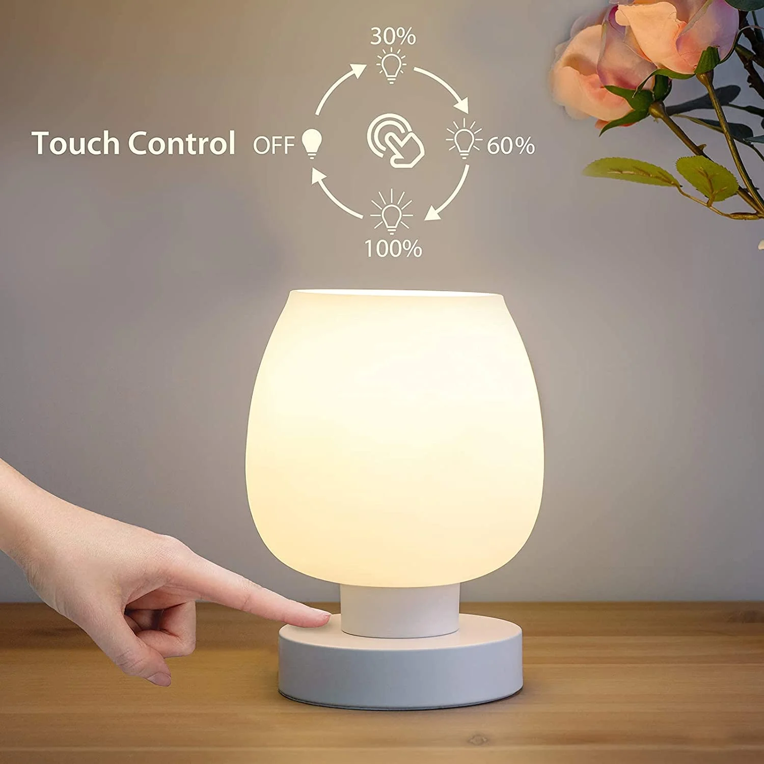 Bedside Lamp, Touch Control Table Lamp with Glass Lamp Shade, 3-Way Dimmable Small Nightstand Lamp for Bedroom Living Room