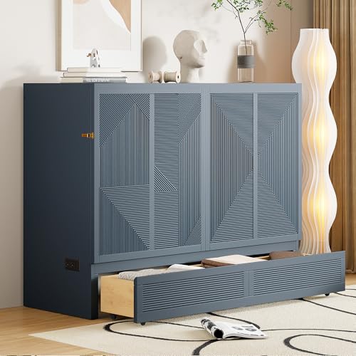 SOFTSEA Full Size Murphy Bed with Large Drawer, Wall Bed with Storage and Charging Station, Wooden Murphy Bed Cabinet, Gray