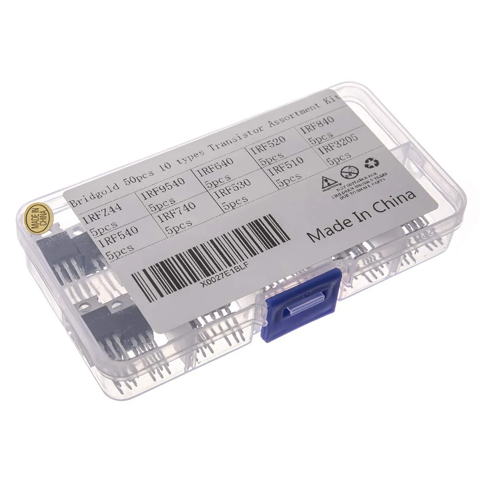 Bridgold 50pcs 10Types IRF Series Mosfet transistors Assortment Kit, Including IRFZ44 IRF510 IRF520 IRF530 IRF540 IRF640 IRF740 IRF840 IRF3205 IRF9540 Package
