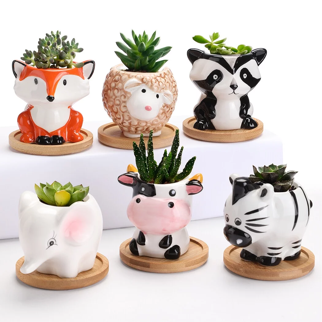 Succulent Pot with Drainage, 6Pcs Indoor Ceramic Succulent Pot Succulent Planter,  Cute Animal Succulent Pot Small Plant Pot Planter Set for Home Decor