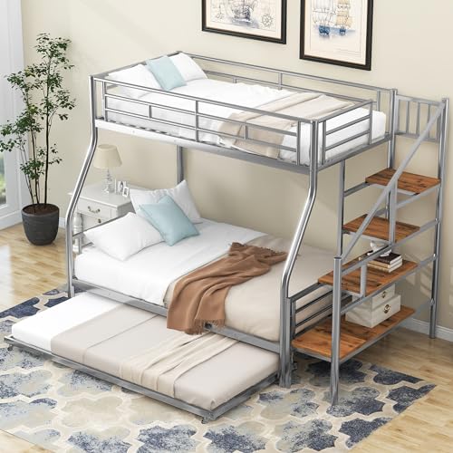 Twin Over Full Bunk Bed with Trundle and Stairs, Metal Bunk Bed with Storage and Safe Guardrails, Heavy-Duty Metal Bunkbeds for Teens, Adults, Space-Saving, No Box Spring Needed, Silver