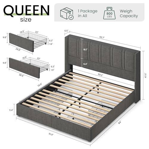 King Size Bed Frame with 4 Storage Drawers and Wingback Headboard Linen Upholstered Platform Bed Frame with Wooden Slats, Easy Assembly, White