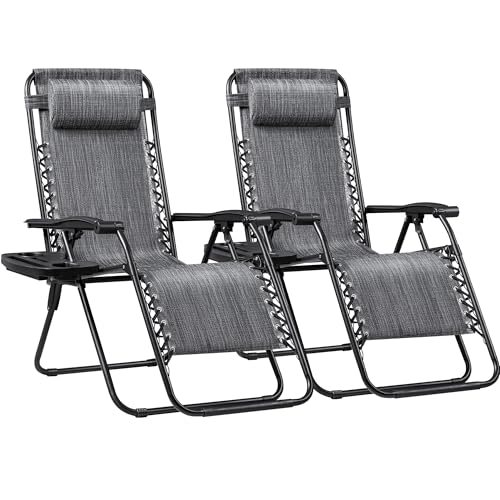 Greesum Zero Gravity Chairs Set of 2 Adjustable Steel Mesh Recliners Beach Deck Lawn Camping Patio Foldable Lounge Chair with Cup Holder Trays and Pillows,Brown