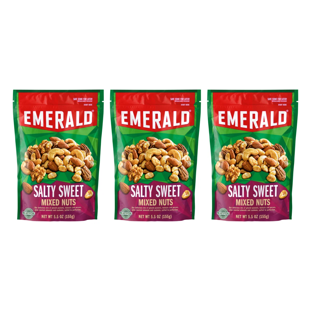 Emerald Nuts Salty Sweet Mixed Nuts, Features Kettle Glazed Peanuts, Almonds, Cashews, Kettle Glazed Walnuts, Kettle Glazed Pecans, 5.5 oz, Resealable Bag, (Pack of 3)