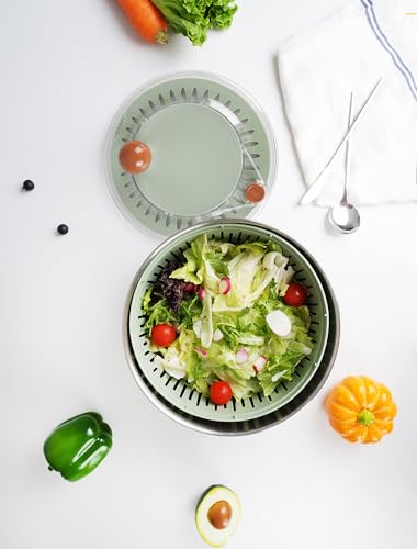 Stainless Steel Salad Spinner, Lettuce Spinner with Drain, Non-Slip Base & Stop Button, Large Vegetable Dryer, BPA Free, 5.3 Qt