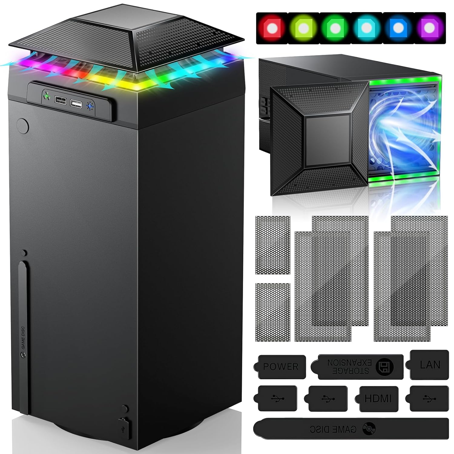 RGB Cooling Fan for Xbox Series X with Dust Filter & 7 RGB LED Light Modes,Auto Fan Speed Adjustable by Temperature,Cooler & Light Independent Touch Switch, Cooling System Horizontal for Xbox Series X