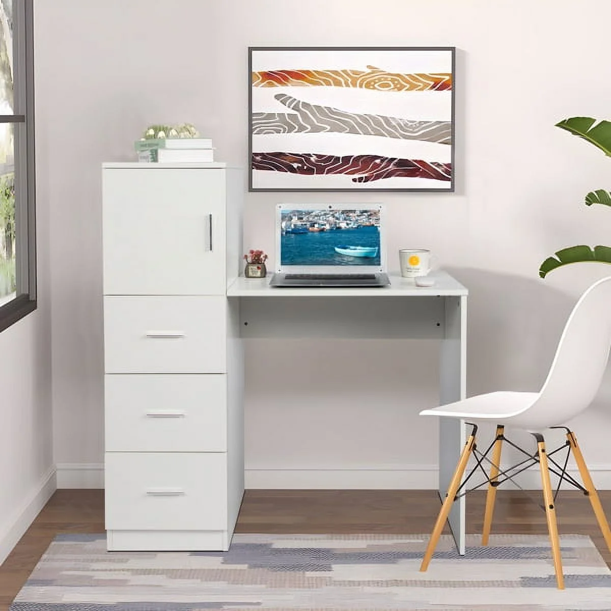 SYTHERS Office Desk with 3 Storage Drawers & Door, Computer Desk with 2 USB & 2 Power Sockets, Hold Up to 220 Ibs, White