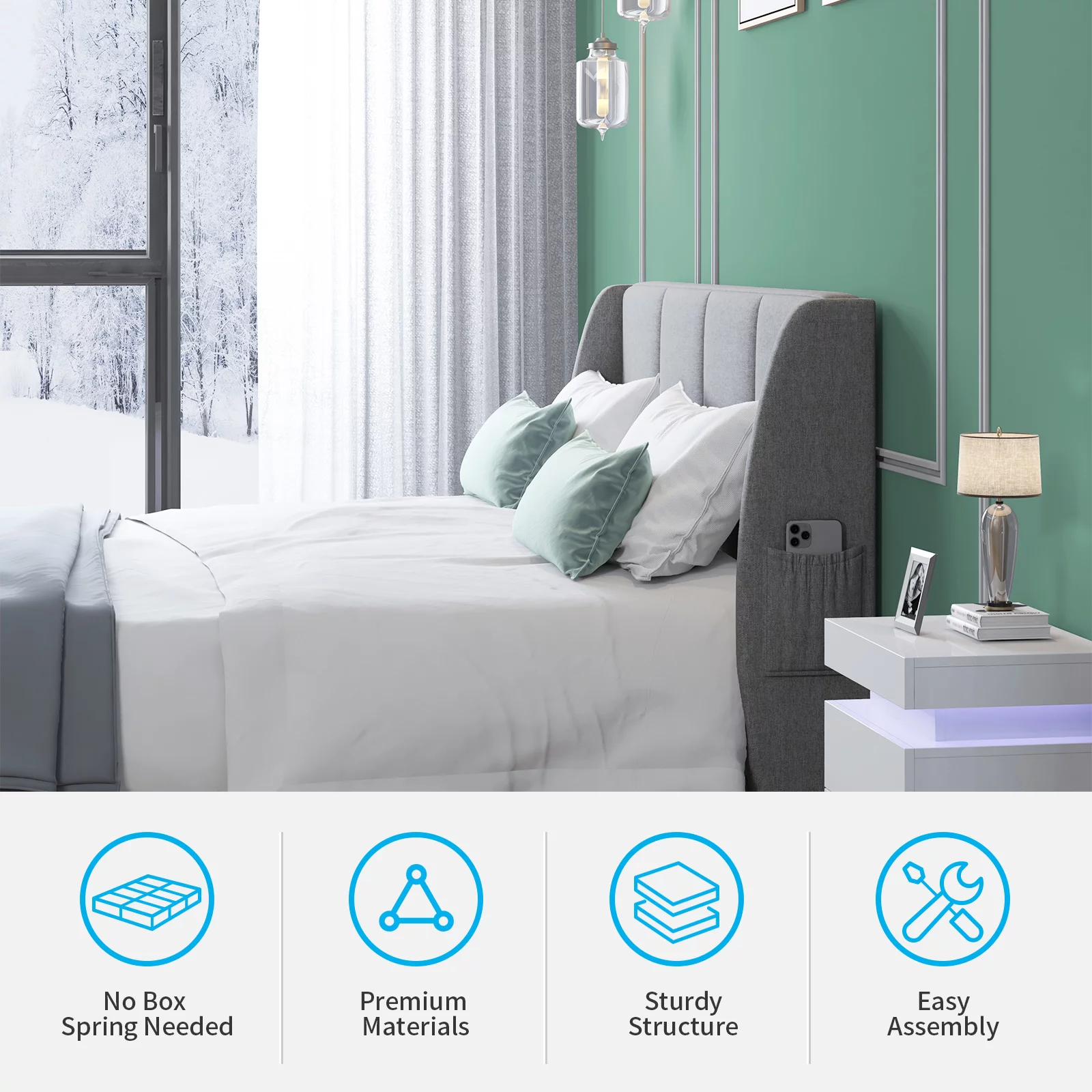 Muzz Platform Bed Frame, King Size Modern Bed Frames with 2 Large Side Pockets, Bed Frame No Box Spring Needed/Easy Assembly/No Mattress (King, Dark Gray)