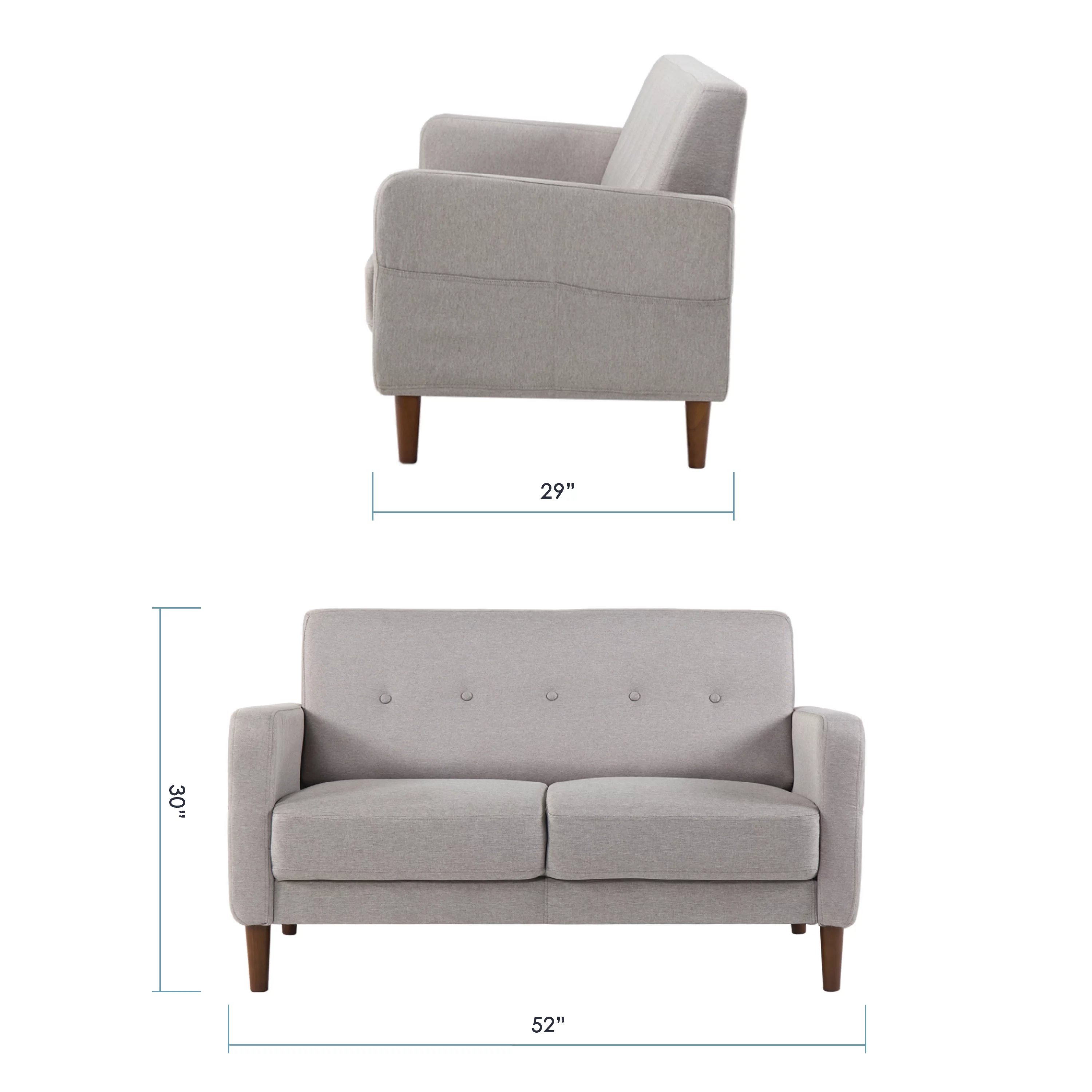 Mellow Adair Mid-Century Modern Fabric Loveseat with Armrest Pockets, Light Grey