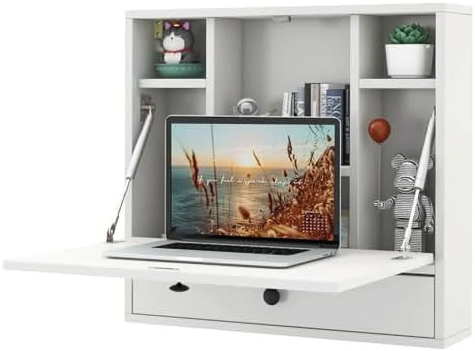 HJNIUNIU Wall Mounted Desk  Multi- Floating Desk Wall Mount Laptop Desk  Space Saving Wall Mounted Table Wall Desk with  Drawer and Shelves (Black)