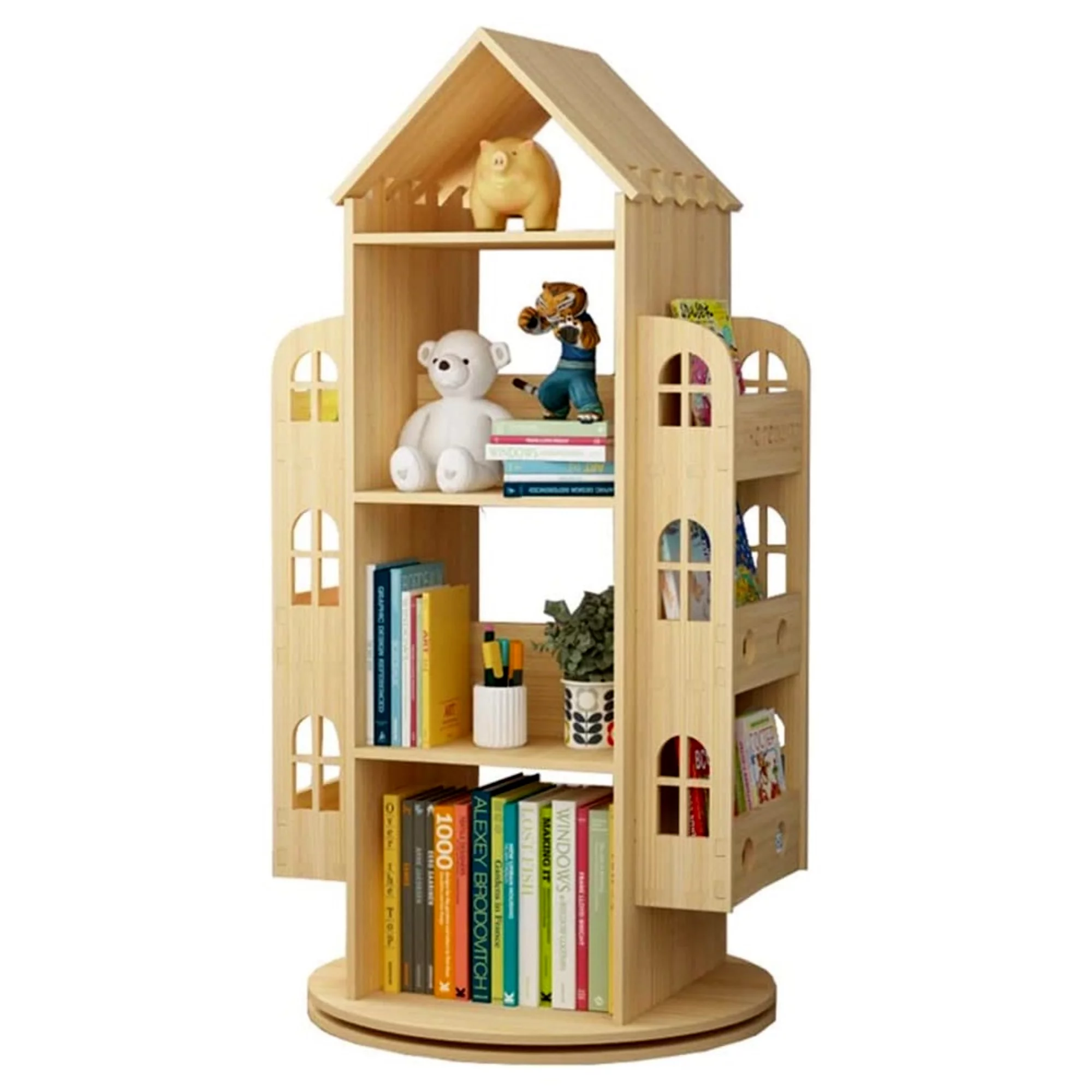 4-Tier Rotating House-Shaped Bookshelf, 360° Solid Wood Rotating Stackable Shelves Bookshelf Organizer for Home, Bedroom, Office