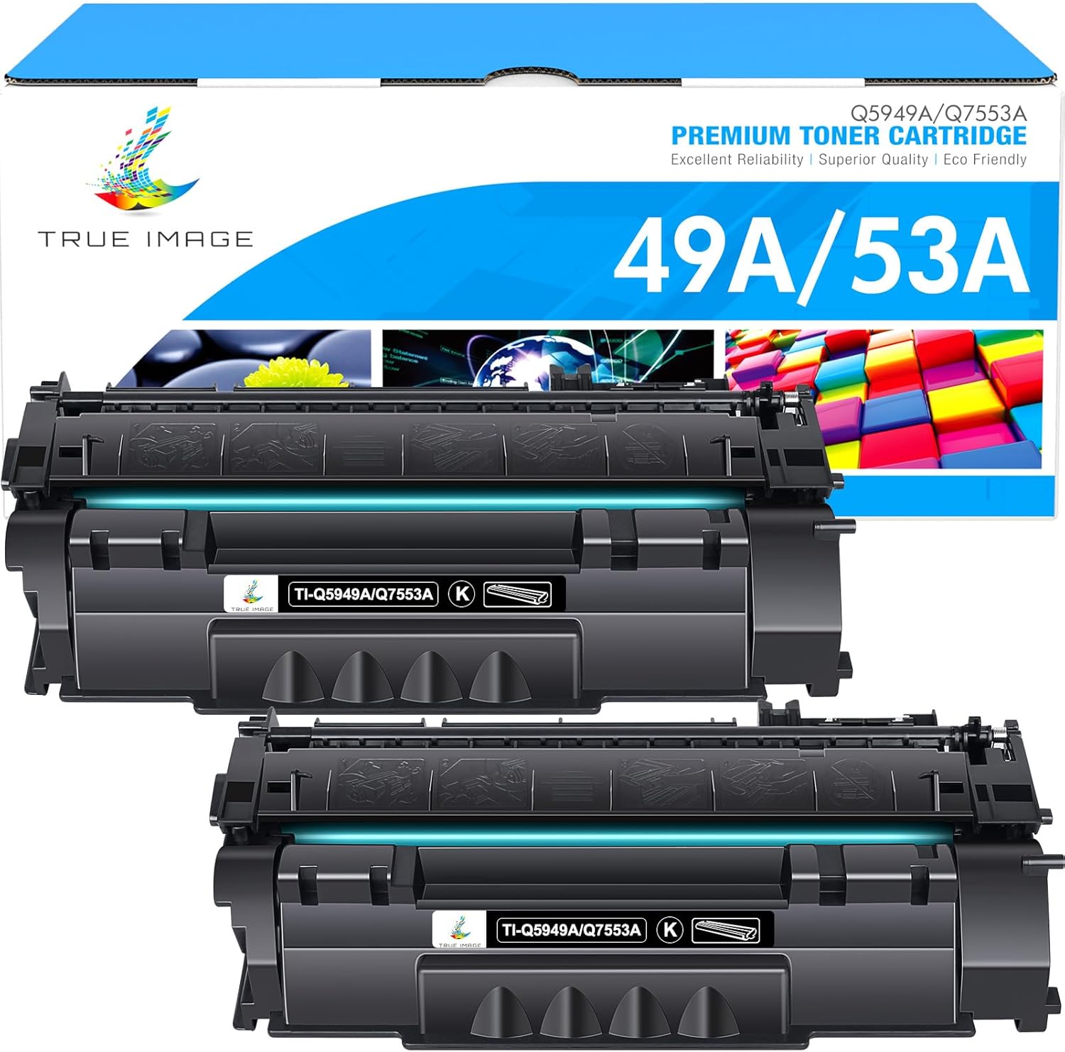 TRUE IMAGE Compatible Toner Cartridge Replacement for HP 49A Q5949A 53A Q7553A 49X Q5949X for 1320 1320n 3390 1160 1320tn 1320nw 3392 P2015 P2015dn Printer Ink (Black, 2-Pack)