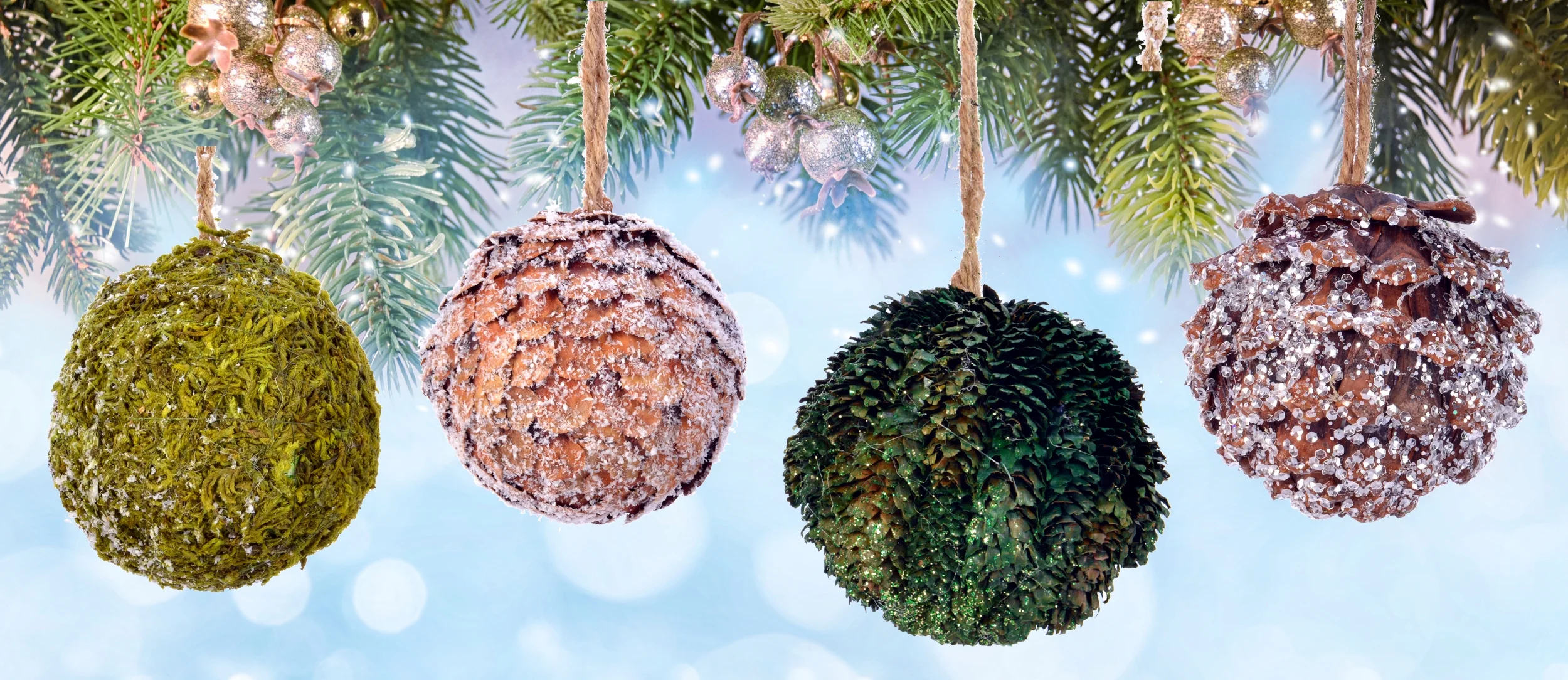 THE JOY TREE Forest Pine Cone and Moss Ornaments - Set of 4 Natural Ball Ornaments