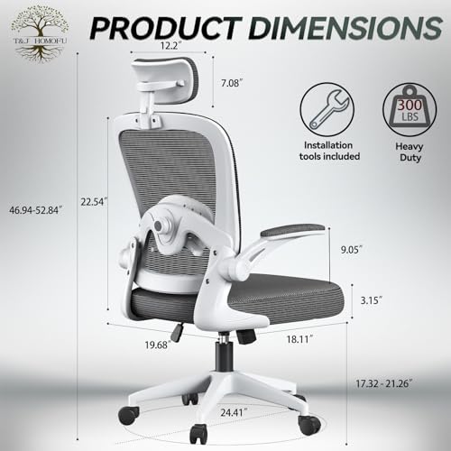 Ergonomic Home Office Chair,Ergonomic Desk Chair with Backrest 90-125 Adjustable, 2D Lumbar Support and Adjustable Headrest,High Back Mesh Office Chair with Padded Flip-up Armrest,Black