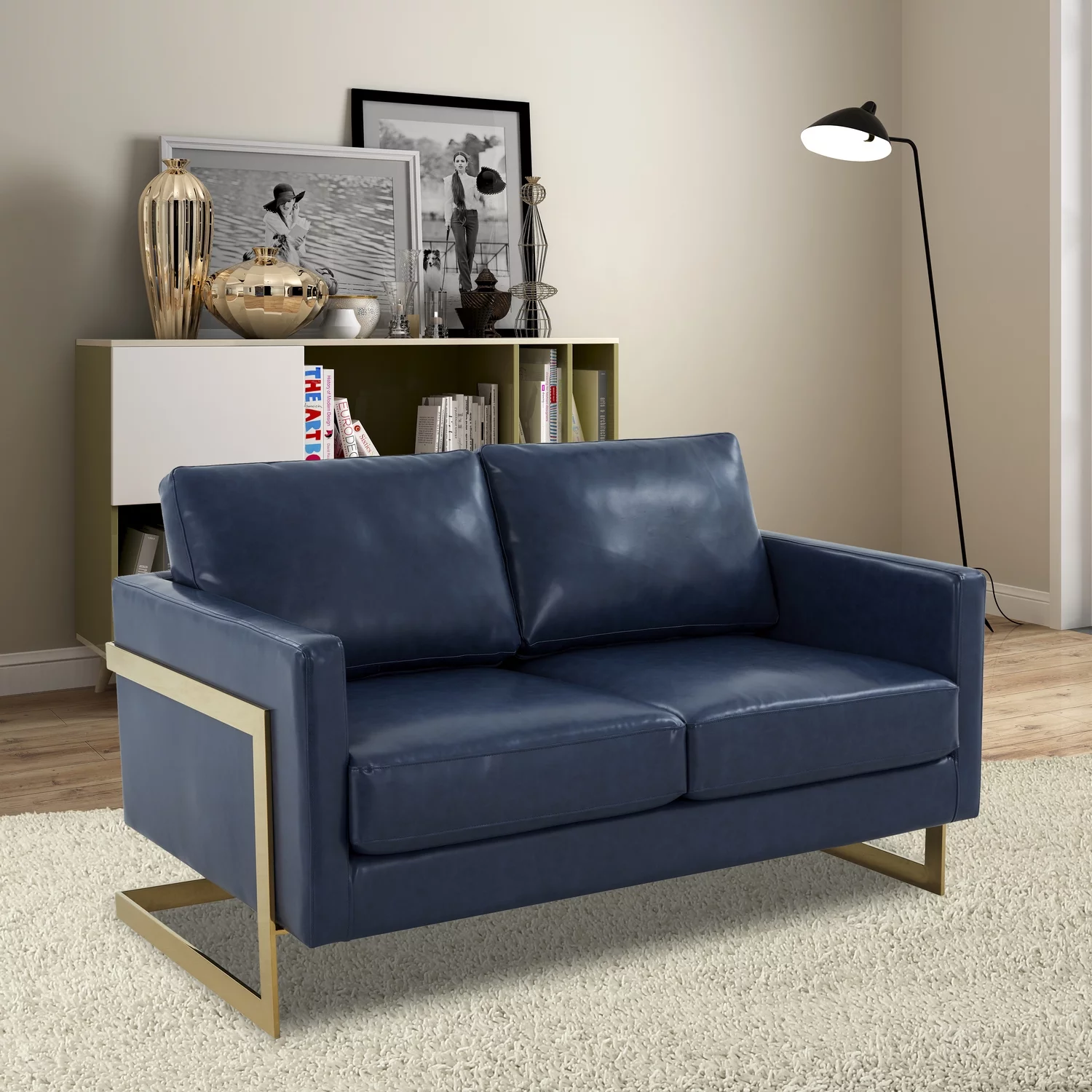 HomeStock Southwestern Sanctuary Modern Mid-Century Upholstered Leather Loveseat with Gold Frame